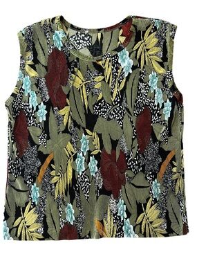 Sleeveless Floral Print Ribbed Tank Top - Olive Green